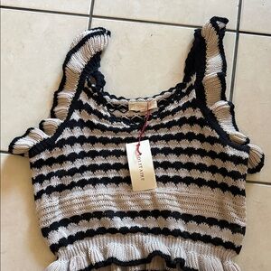 Solitaire Black and Cream Striped Ruffle-Shoulder Knit Tank